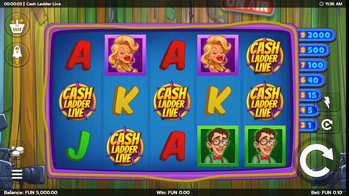 Tampilan layar permainan slot Cash Ladder Live dengan tema studio TV yang glamor dan tangga uang.