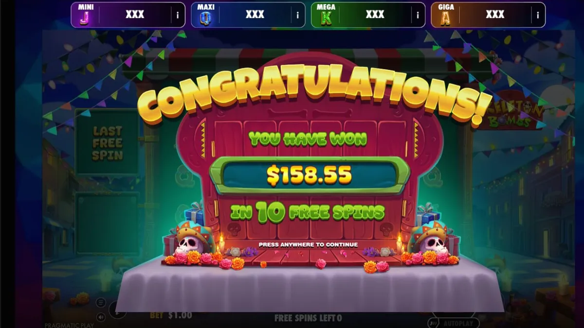 Tampilan visual penuh warna dari slot Skeleton Bombs dengan simbol tengkorak gula dan latar belakang festival Meksiko.