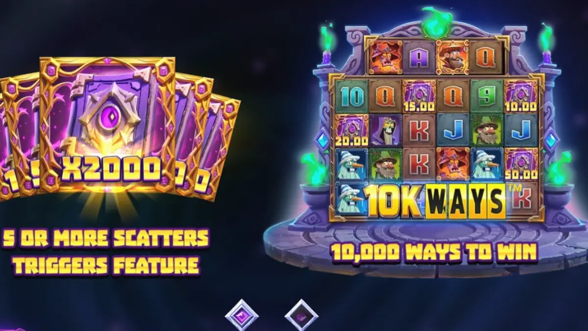 Tampilan visual mesin slot Wizbang Brawl 10K Ways dengan tema penyihir dan duel sihir.