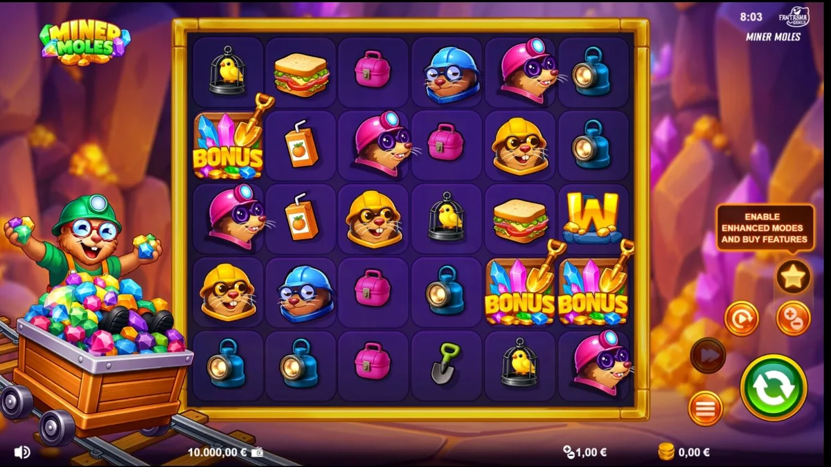 Tampilan visual slot Miner Moles dengan karakter mole dan permata di dalam gua.