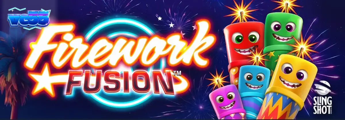 Tampilan layar permainan slot Firework Fusion dengan latar belakang karnaval pantai saat senja.