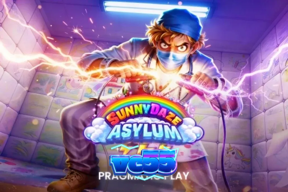 Tampilan grid 5x5 slot Sunnydaze Asylum dengan tema neon dan karakter dokter.